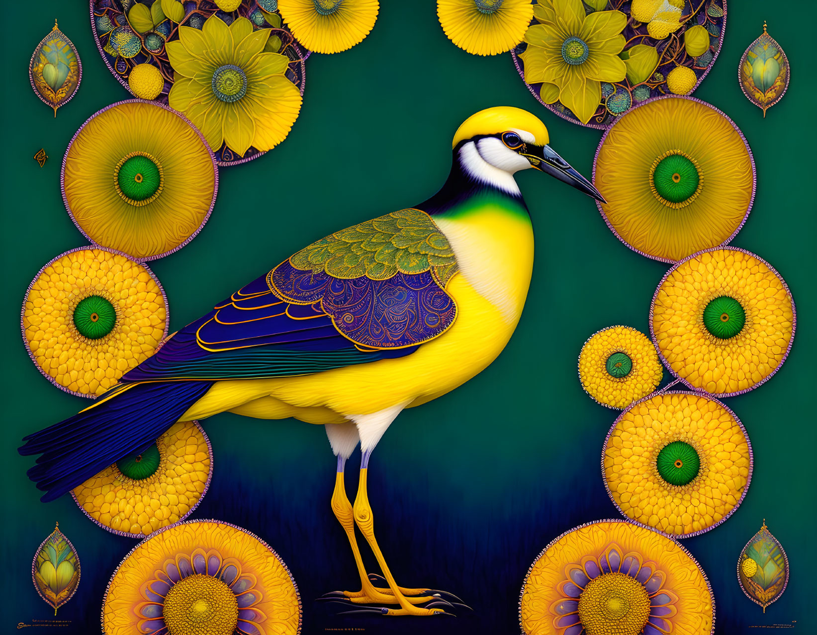 Vibrant Yellow and Blue Bird with Yellow Flowers on Dark Green Background