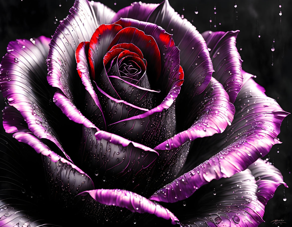 Vibrant purple and red rose with raindrops on dark background