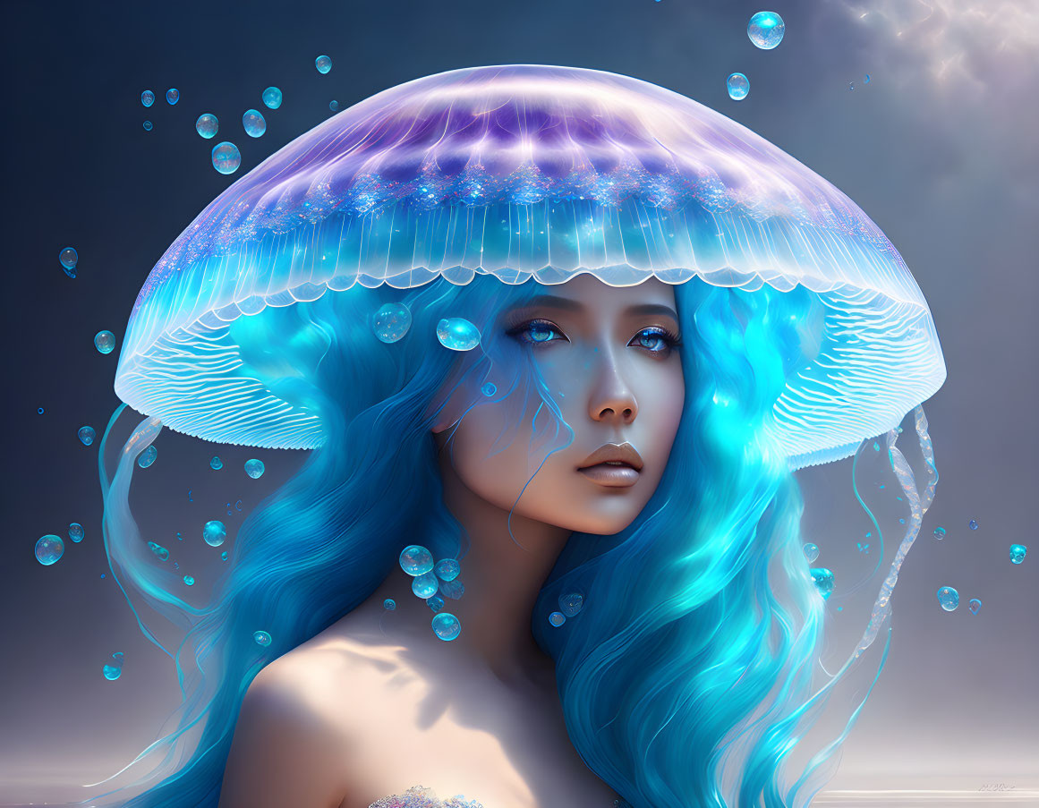 Surreal portrait: woman with jellyfish-like hair in cloudy sky with bubbles