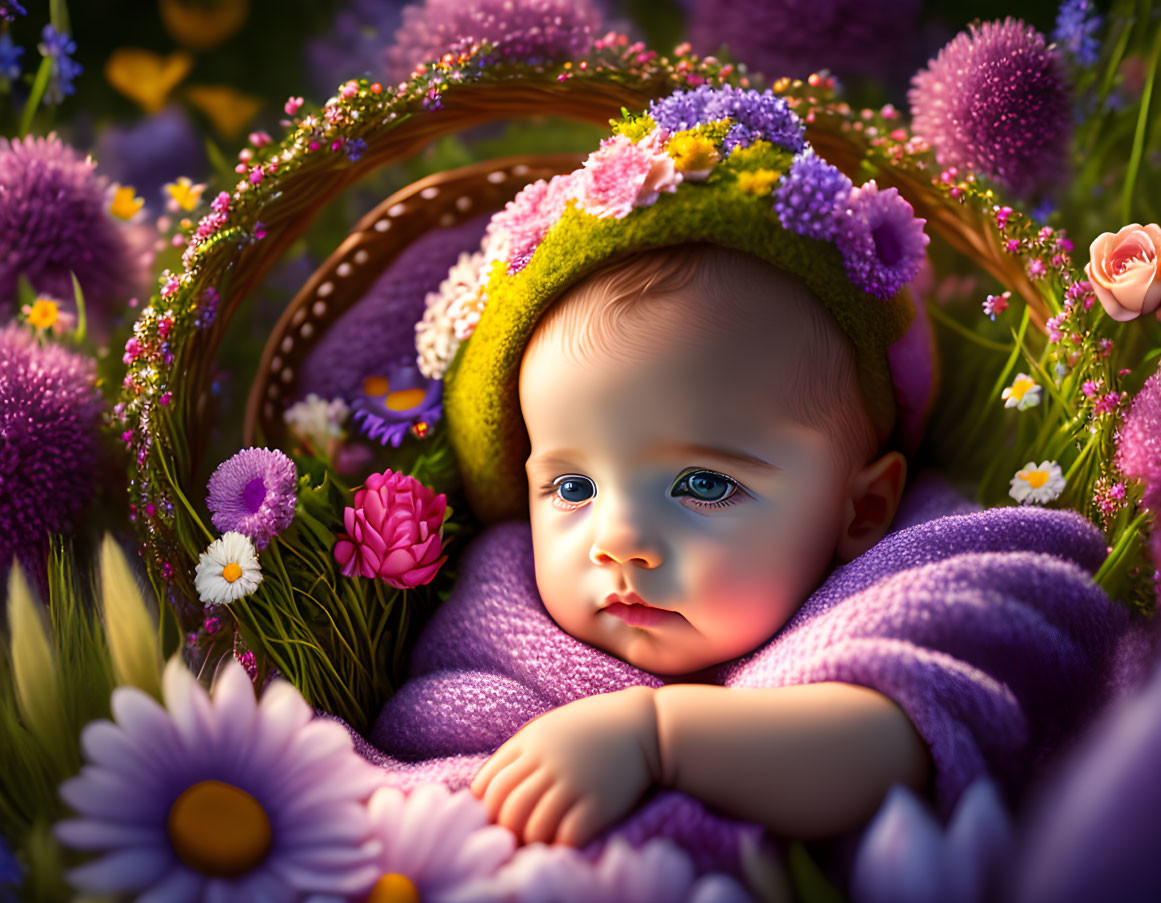 Blue-eyed infant surrounded by colorful flowers in green hat and purple blanket