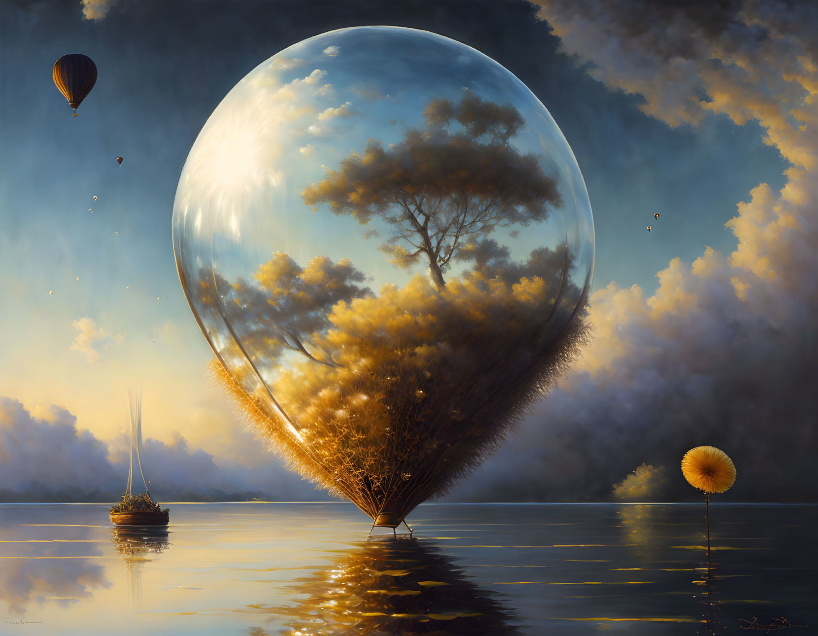 Tranquil painting of golden tree in bubble on sea with sailboat