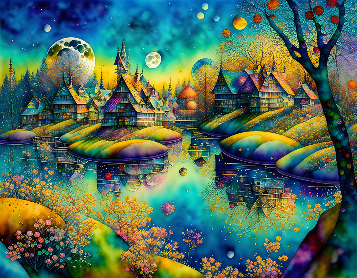 Vibrant artwork of enchanted village with floating islands