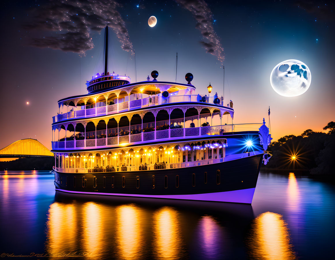 Majestic riverboat sailing under starry sky with whimsical moon