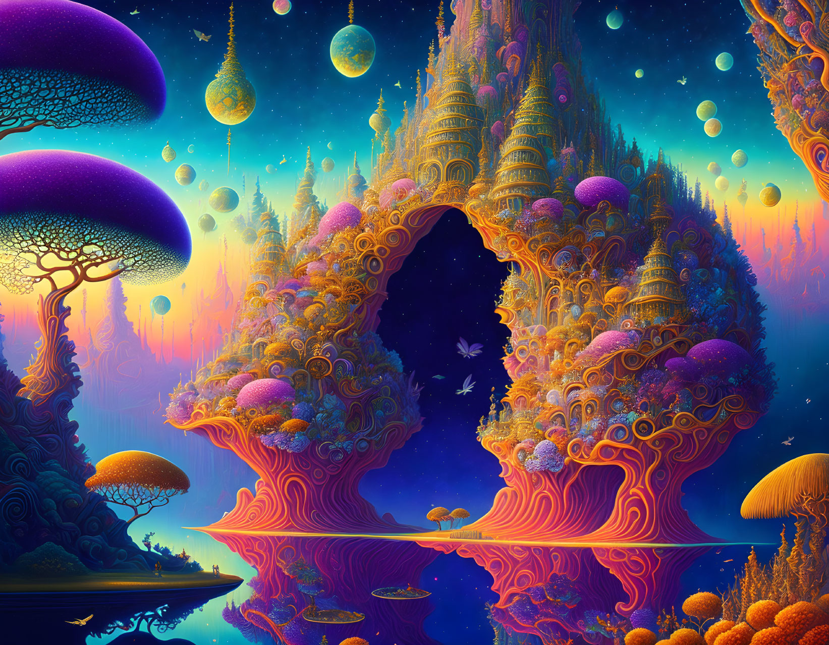 Fantasy landscape with surreal mushroom-like trees and ornate towers