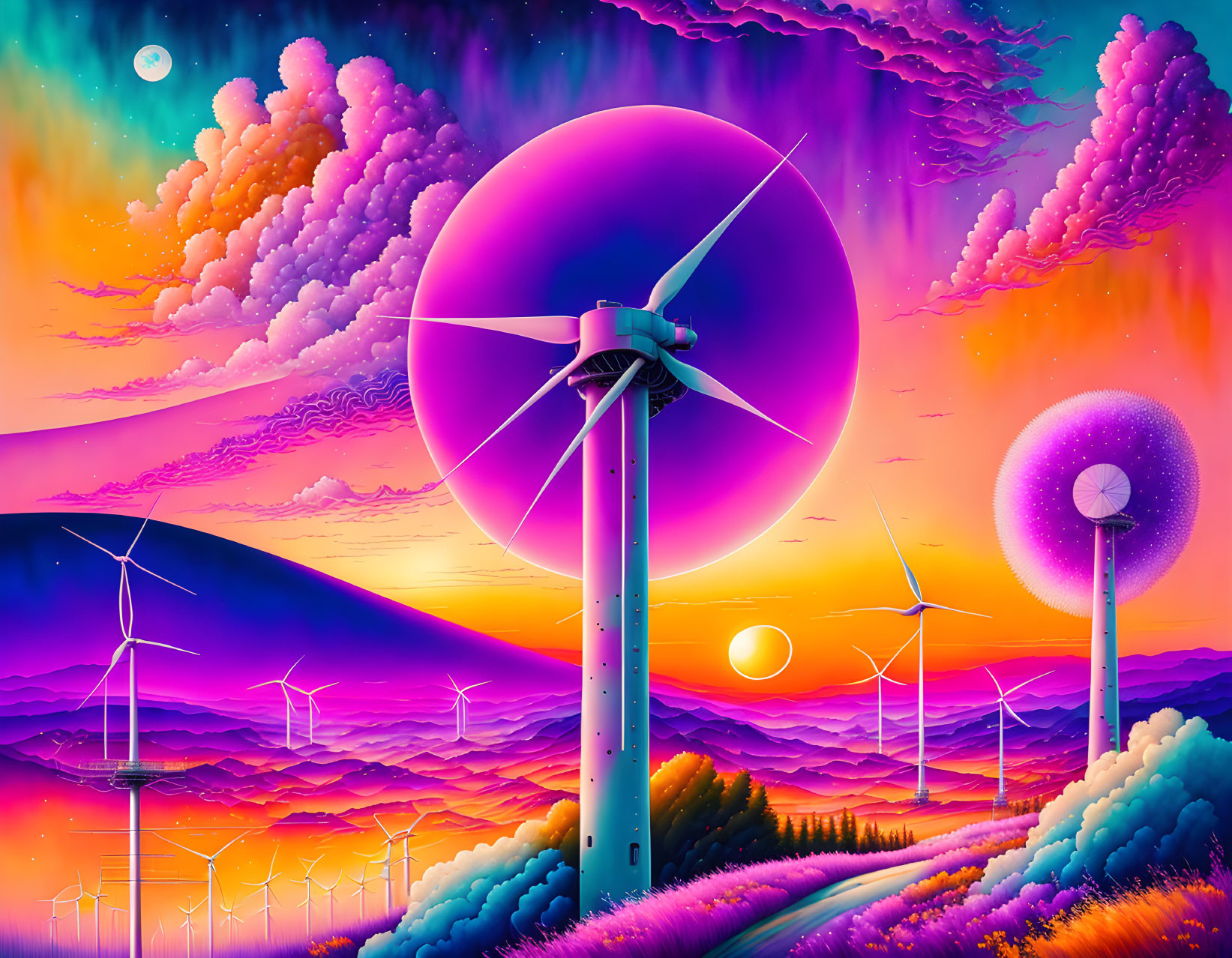 Colorful digital artwork: Wind turbines in rolling hills under psychedelic sky