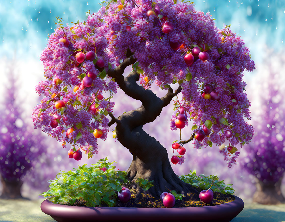 Whimsical bonsai tree with twisted trunk, pink blossoms, red fruits, purple foliage.