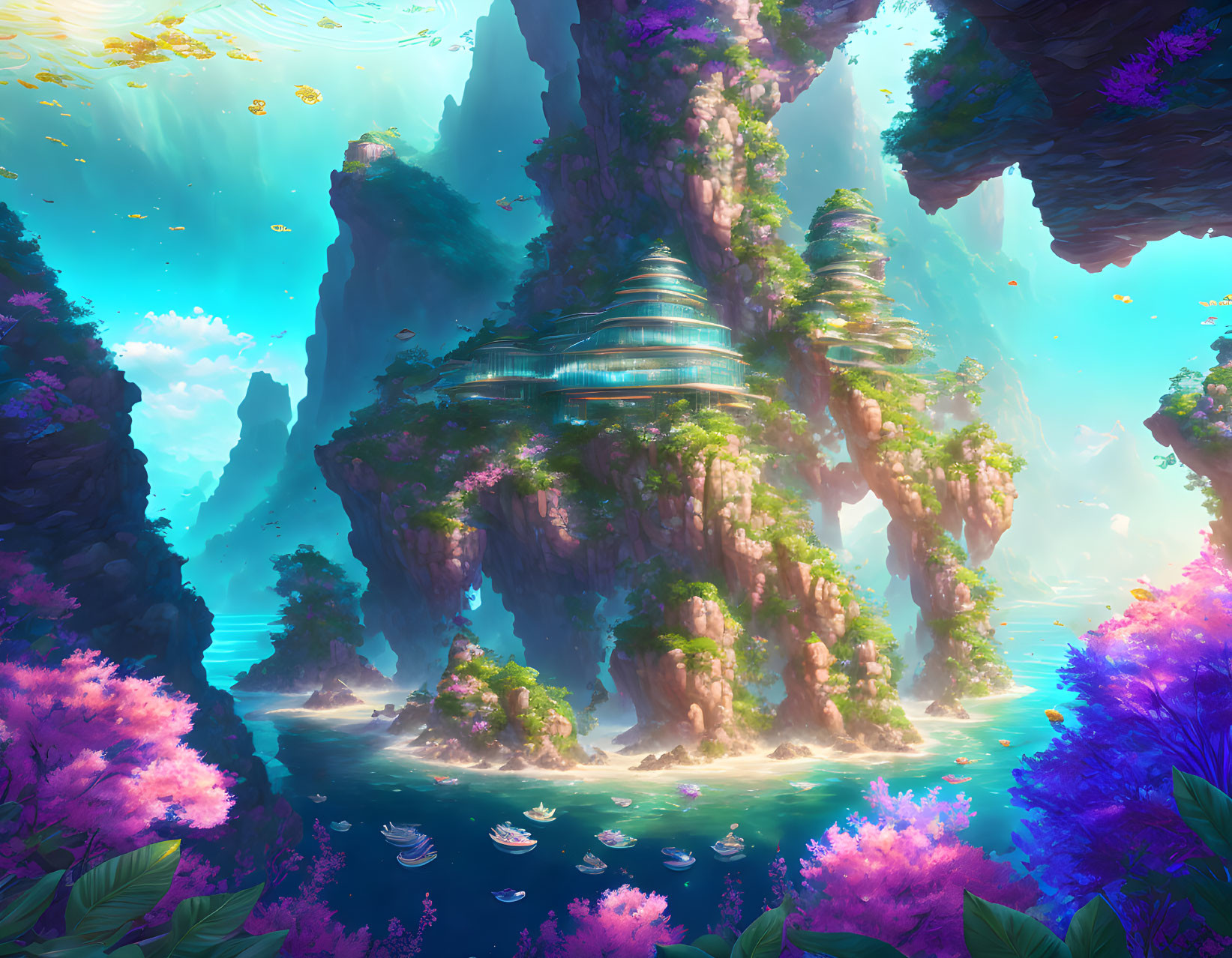 Fantasy landscape with rock formations, waterfalls, lush greenery & mystical structure