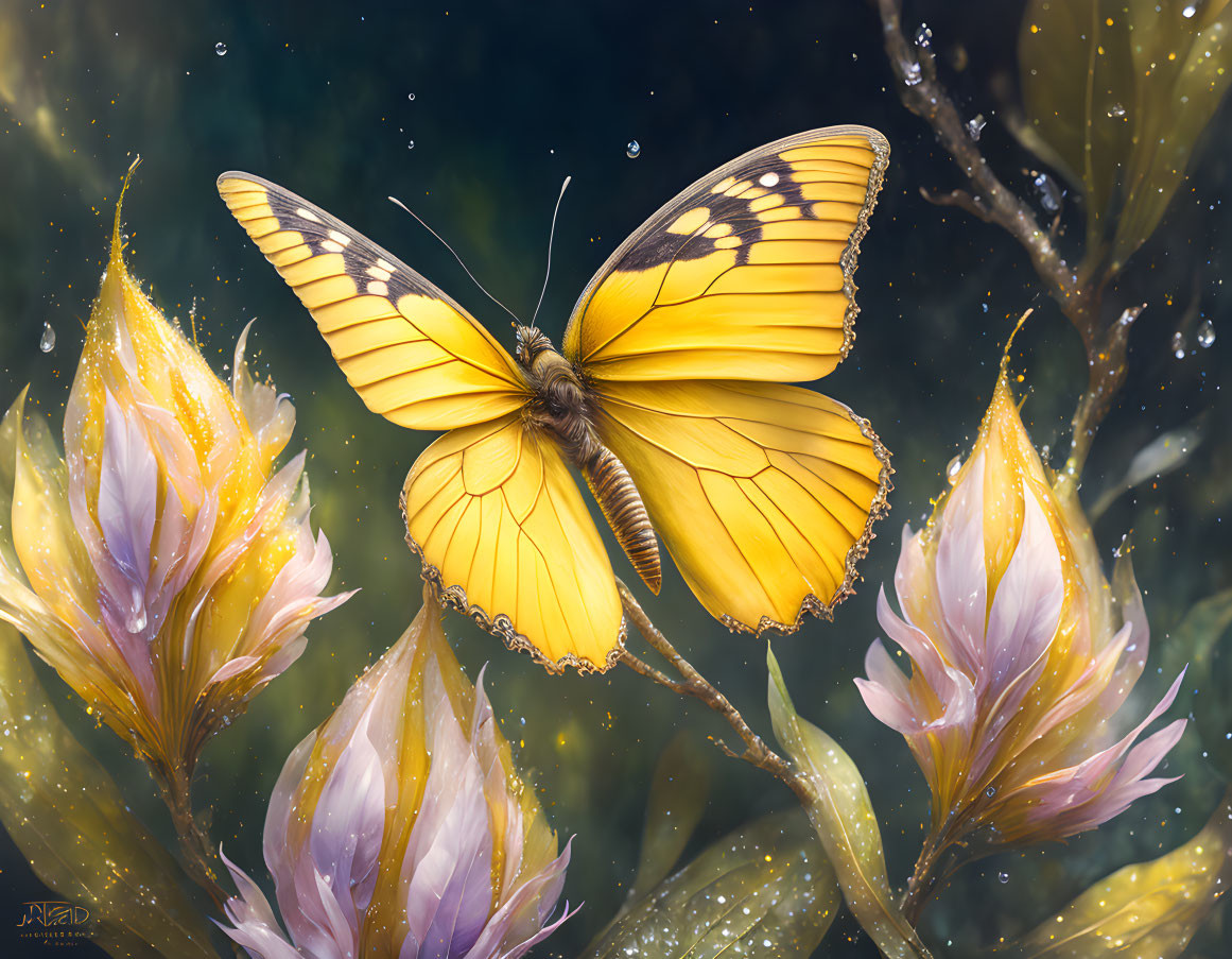 Yellow butterfly on flowers with dewdrops: A serene nature scene