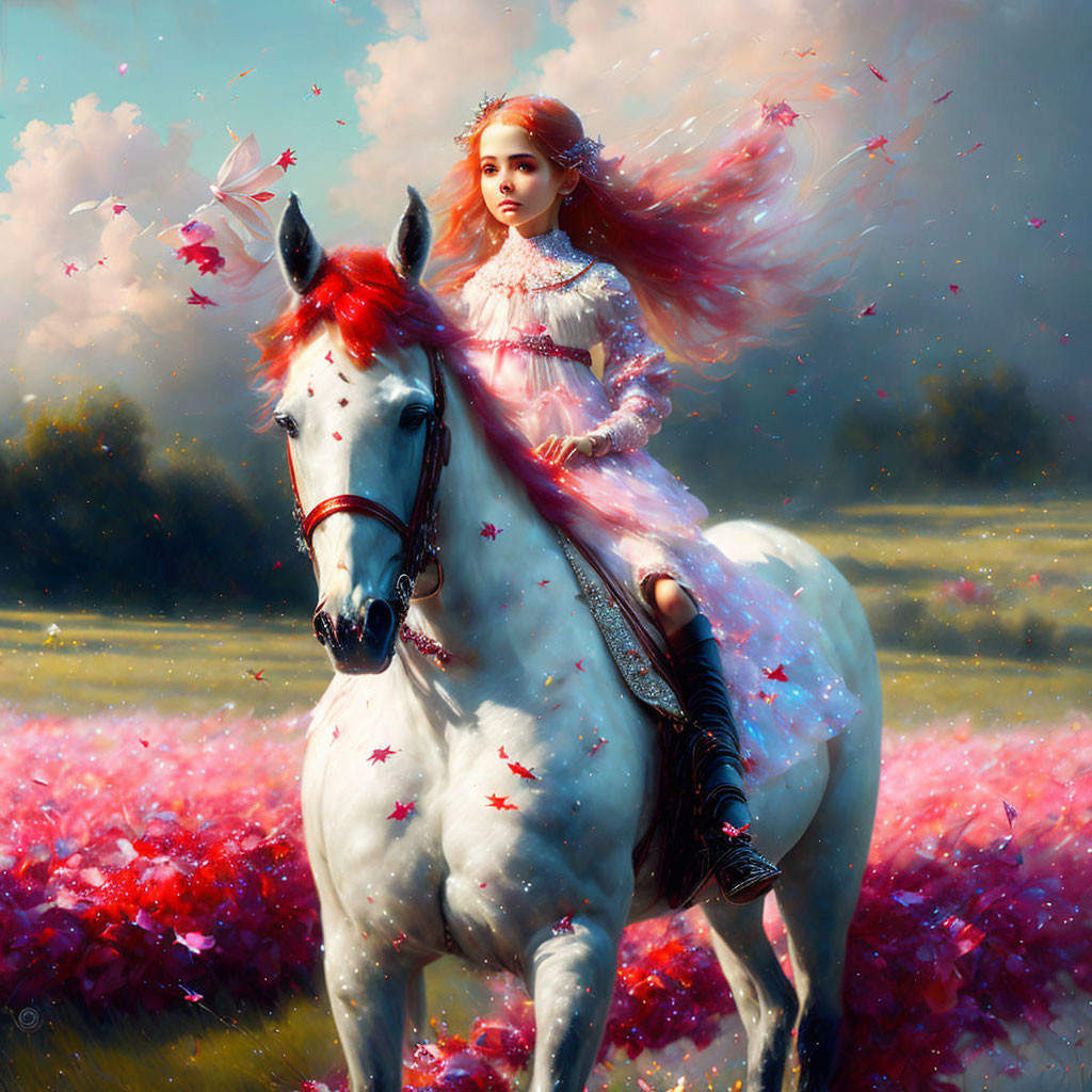 Young woman with red hair rides white horse in pink flower field