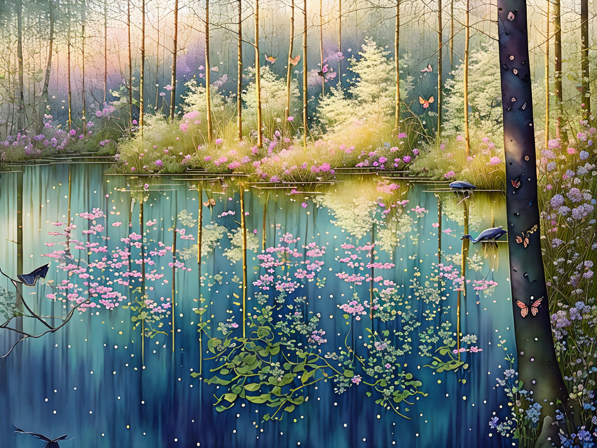 Serene enchanted forest with lake, flowers, trees, and mystical lights