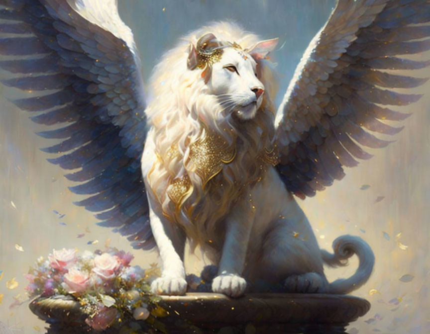 White Winged Lion Statue in Golden Armor on Flower-Adorned Pedestal