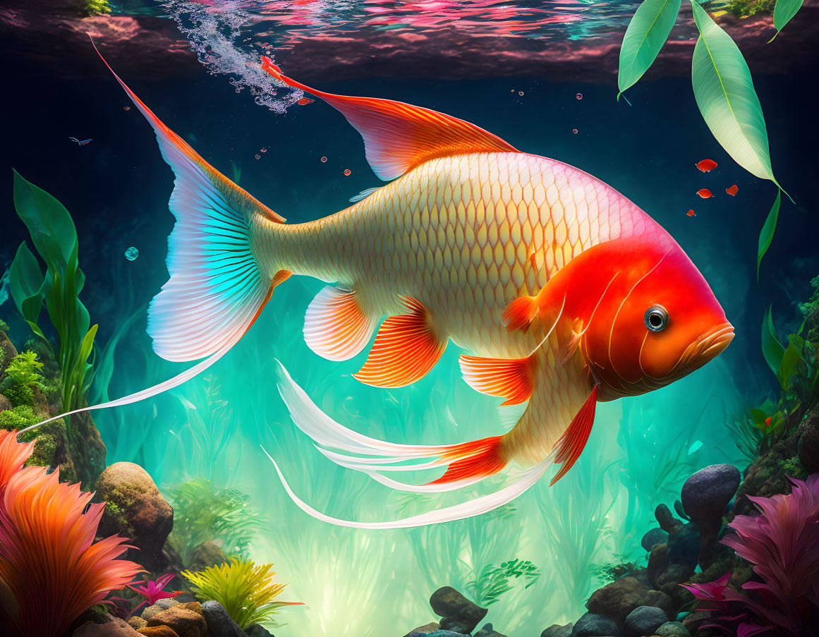 Colorful underwater scene: Vibrant goldfish, flowing fins, lush plants