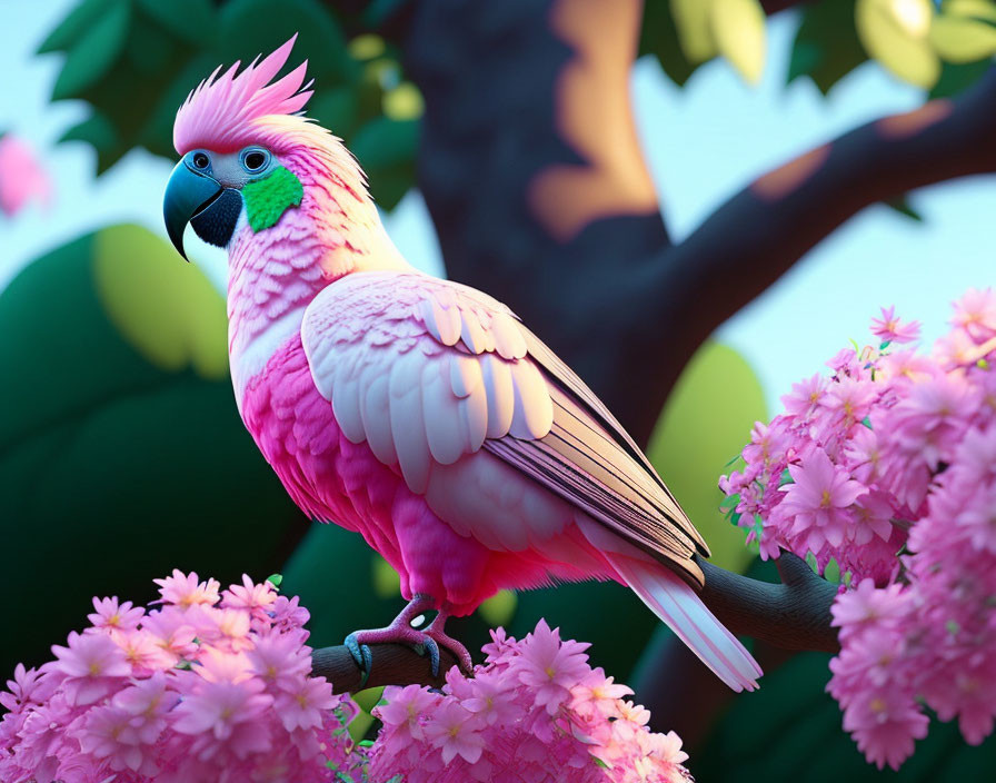 Vivid pink parrot with crest in lush floral setting