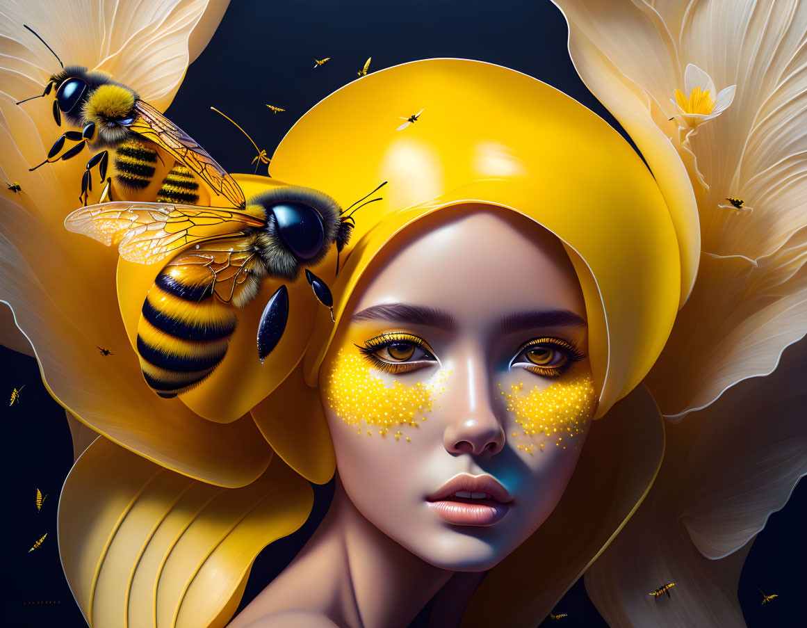 Woman's portrait with yellow headscarf, bees, petals, serene expression, and yellow makeup.