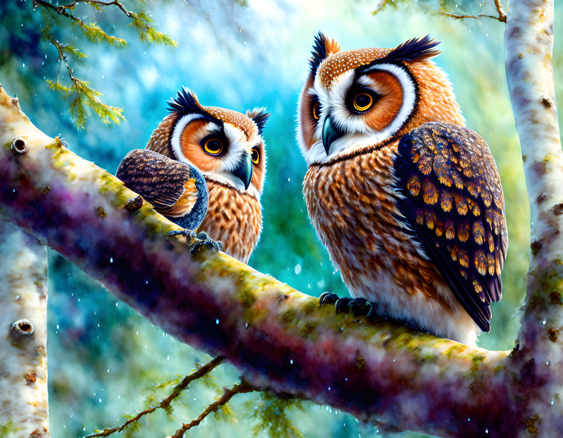 Vibrant owls on branch in snowy forest