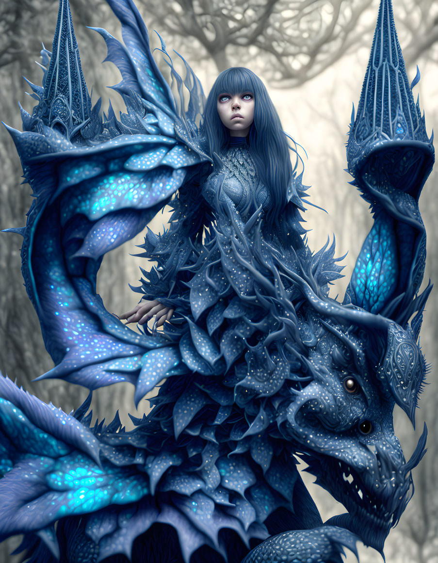 Fantastical blue-haired girl merged with detailed dragon in misty forest