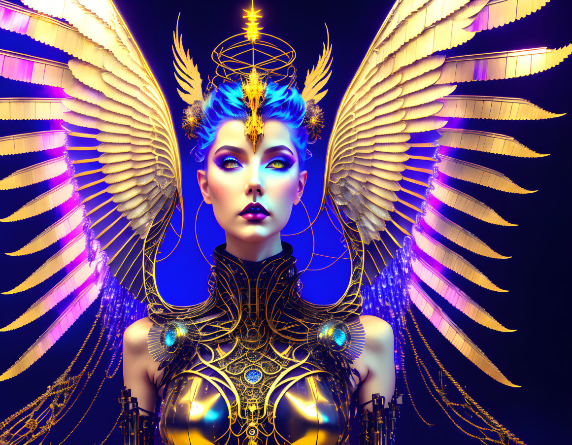 Majestic woman with golden wings and armor in a fantastical setting