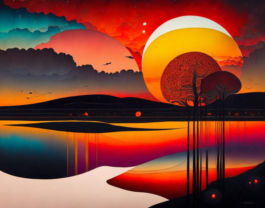 Stylized sunset artwork with reflections, trees, birds, and layered sky