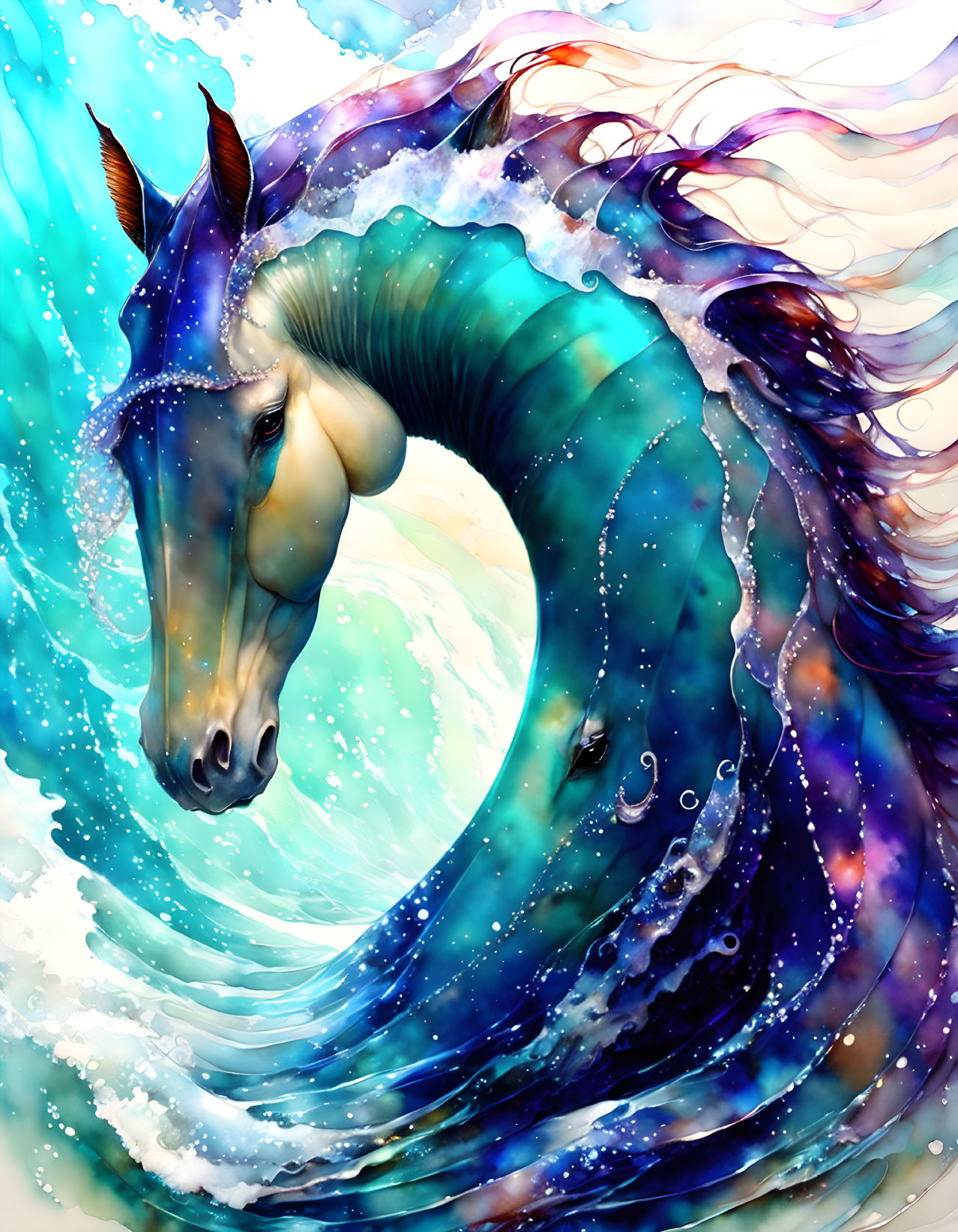 Colorful Mythical Seahorse Illustration with Horse's Head and Swirling Mane