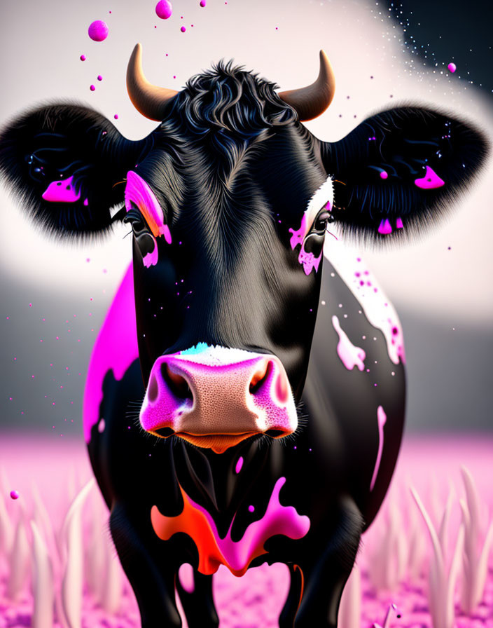 Vibrant pink and orange cow graphic on pink backdrop