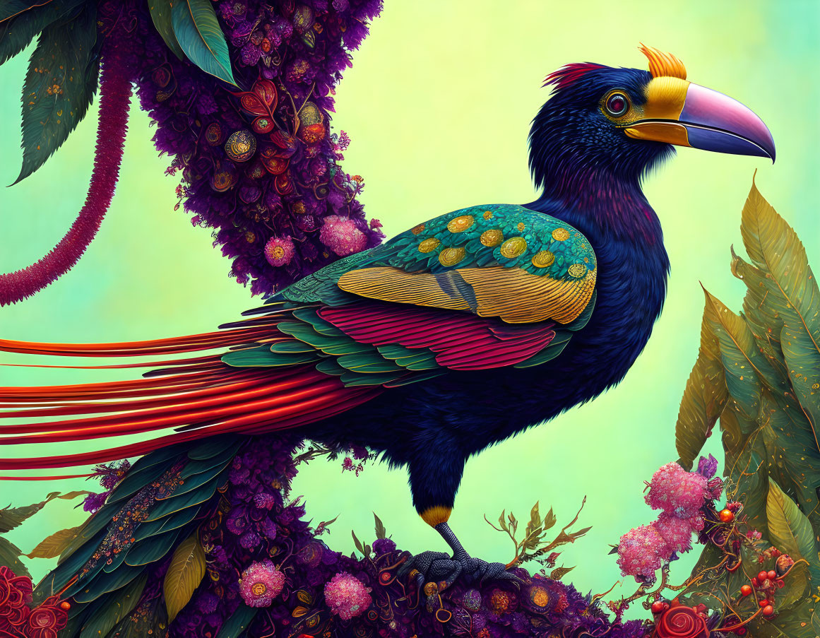 Colorful Toucan Illustration in Rainbow Feathers and Foliage