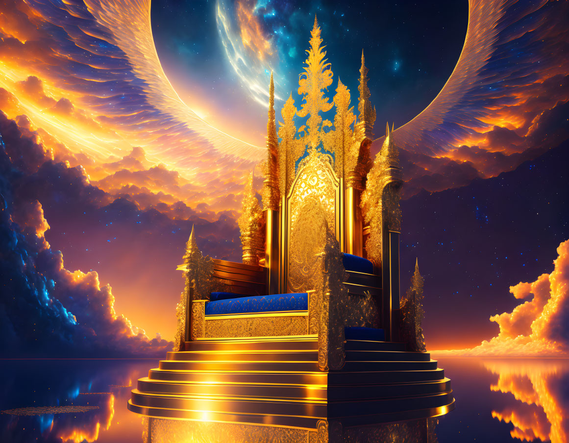 Fantastical golden throne on water platform under crescent moon