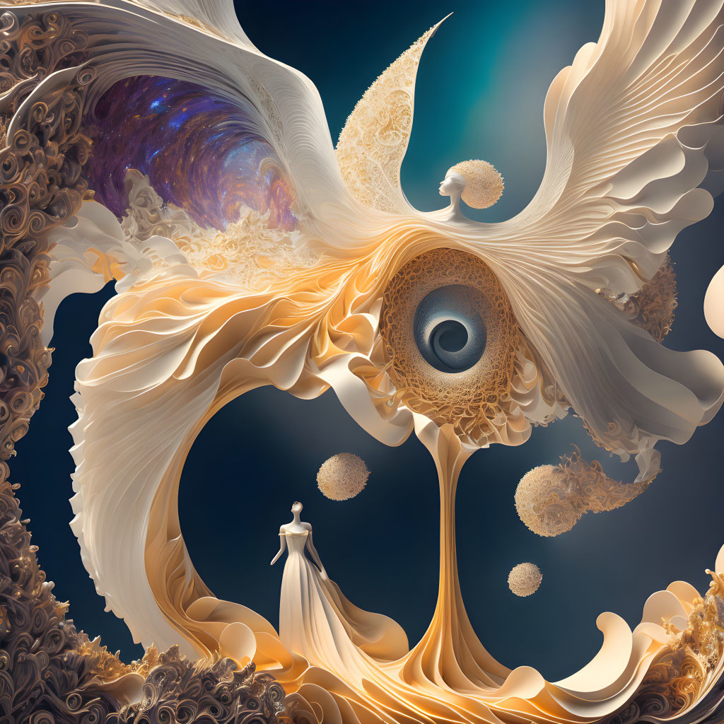 Person in Golden Abstract Cosmic Scene with Avian Elements