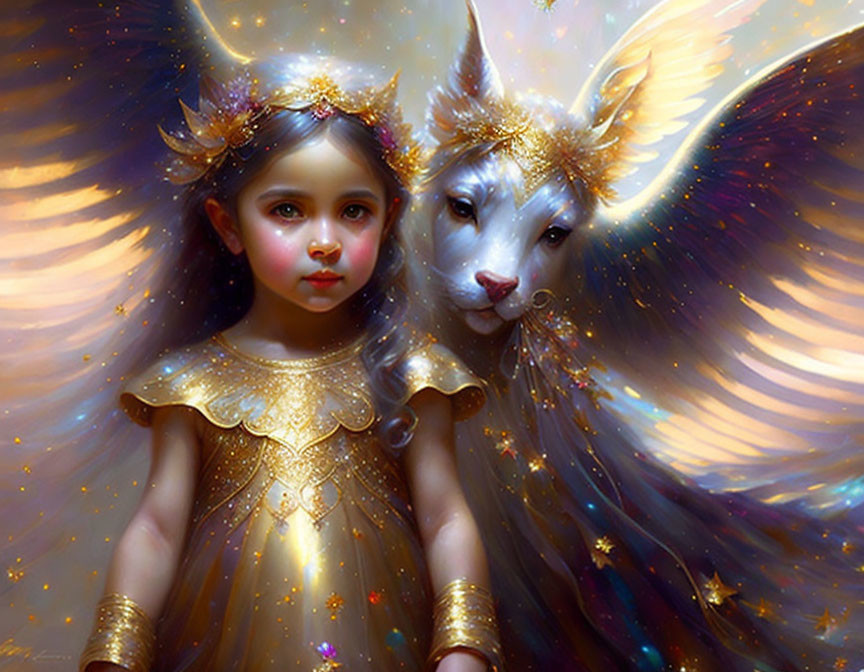 Young girl in golden attire with floral crown and winged feline creature in soft, glowing aura