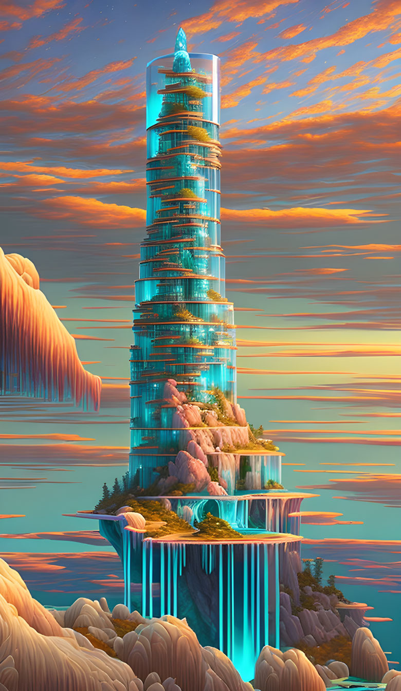 Futuristic skyscraper with terraced gardens on floating island above clouds