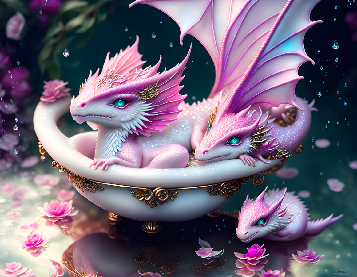 Fantasy dragons with pink and white scales in ornate bowl with water and pink flowers