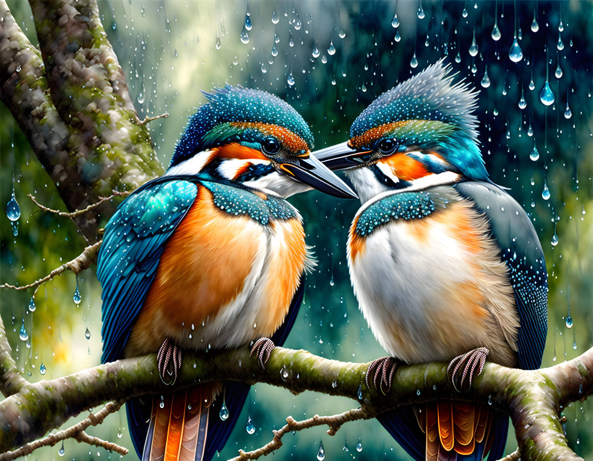 Vibrant blue and orange kingfishers on branch with raindrops