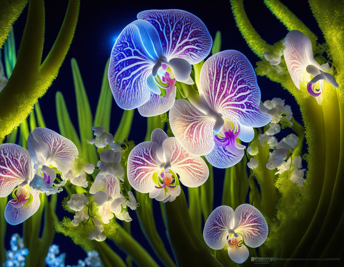 Vivid Blue and Purple Orchids with White Blooms on Dark Background