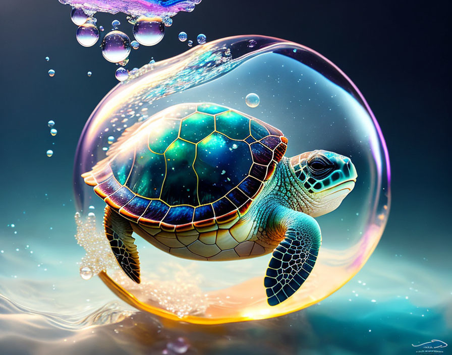 Colorful Digital Artwork: Sea Turtle in Transparent Bubble