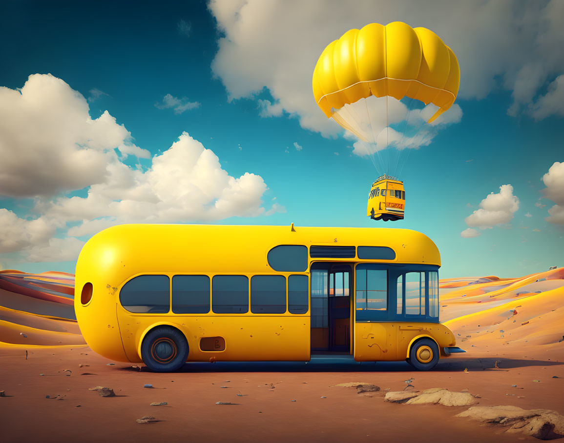 Yellow school bus transformed into hot air balloon basket floating over sandy dunes under blue sky