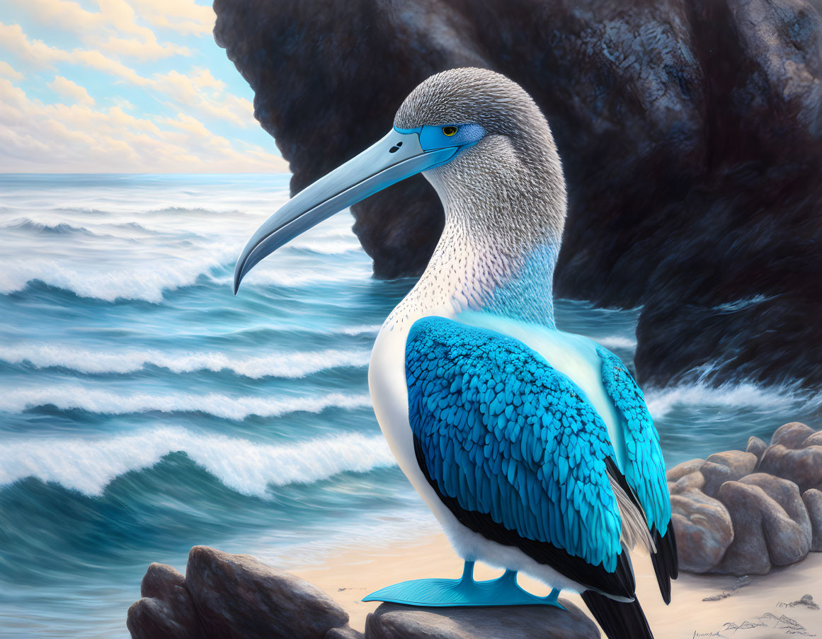 Blue-footed booby perched on rock with ocean waves and cliffs