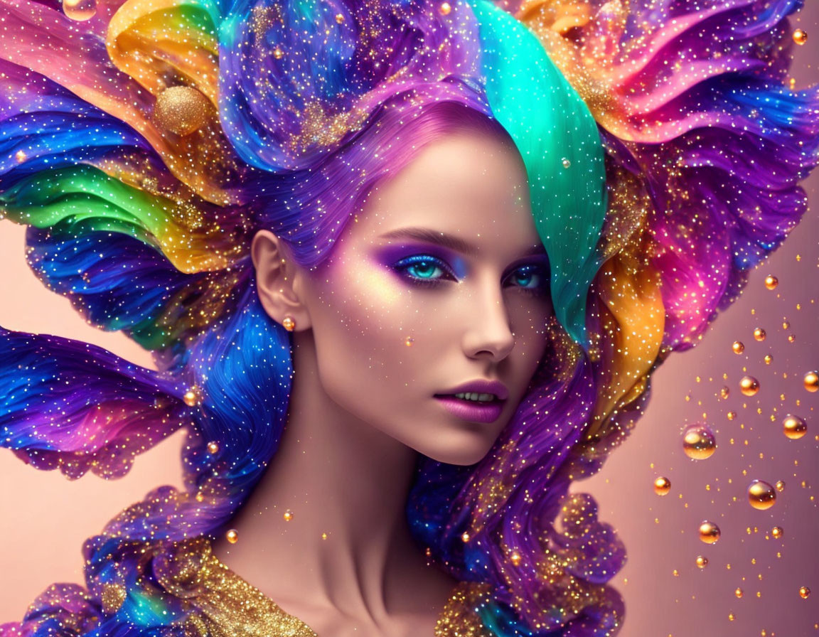 Vibrant, multicolored hair and makeup with cosmic sparkle and dreamy tones