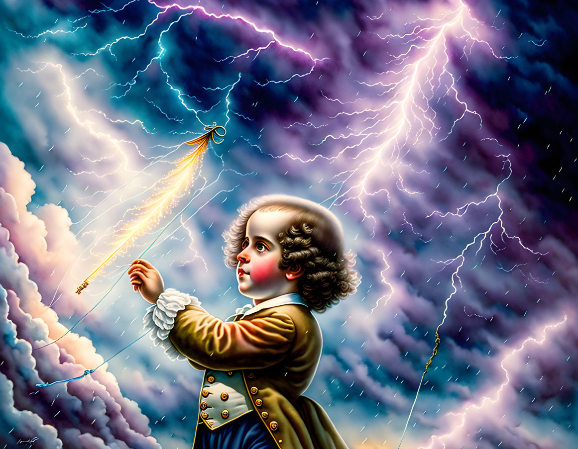 Dramatic portrait of a boy with a kite in lightning storm