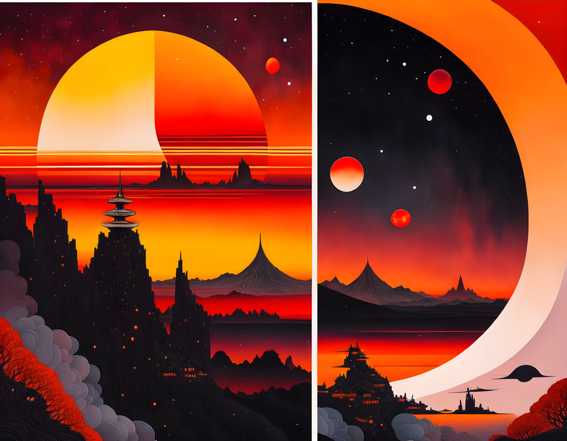 Fantasy landscape art: day and night themes, traditional buildings, mountains, sun, moon, planets