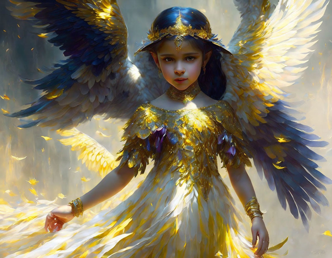 Young girl with angelic wings in golden dress and jewelry, emitting ethereal glow