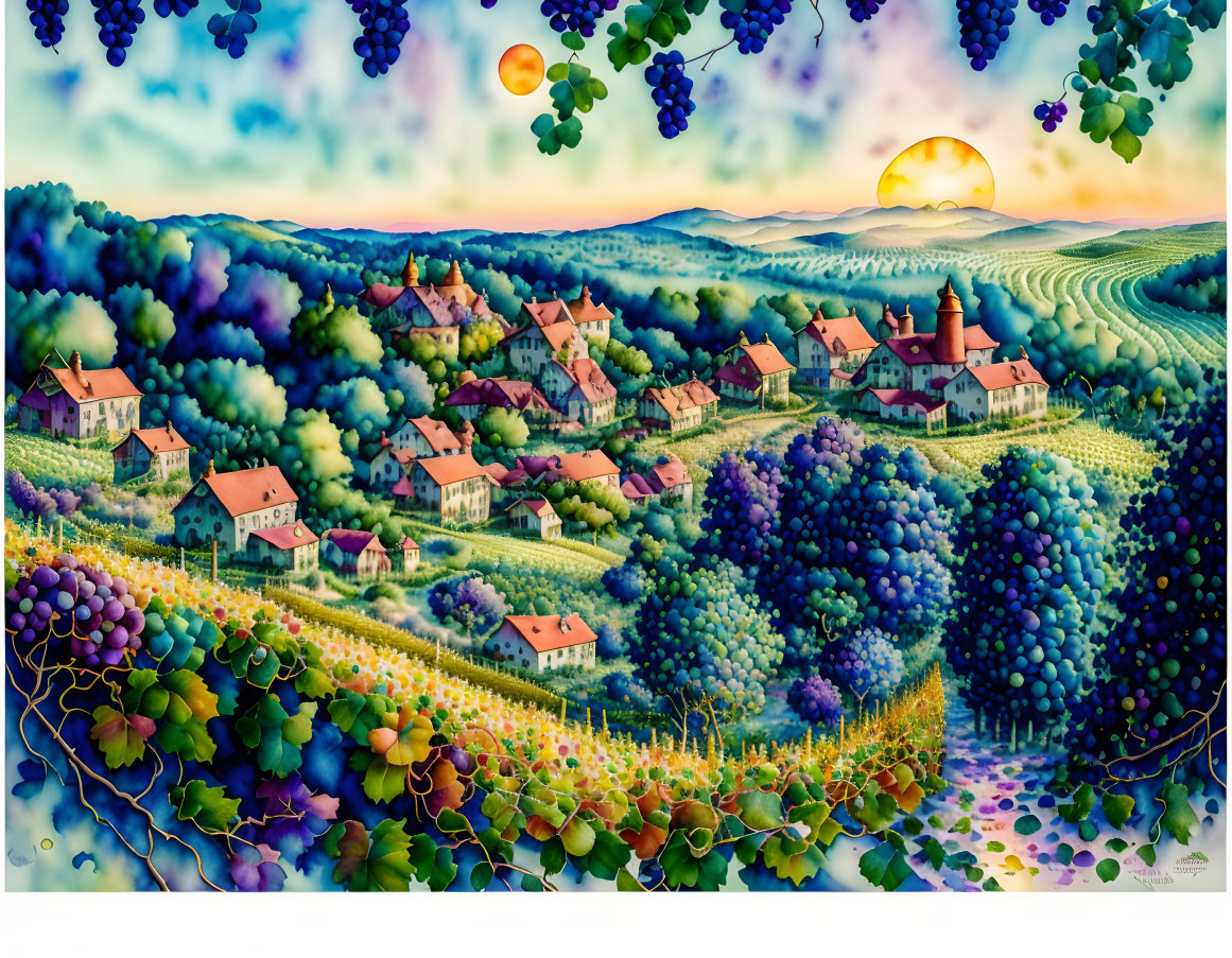 Colorful surreal landscape: rolling hills, village, grapevines, oversized sun, kaleidosc