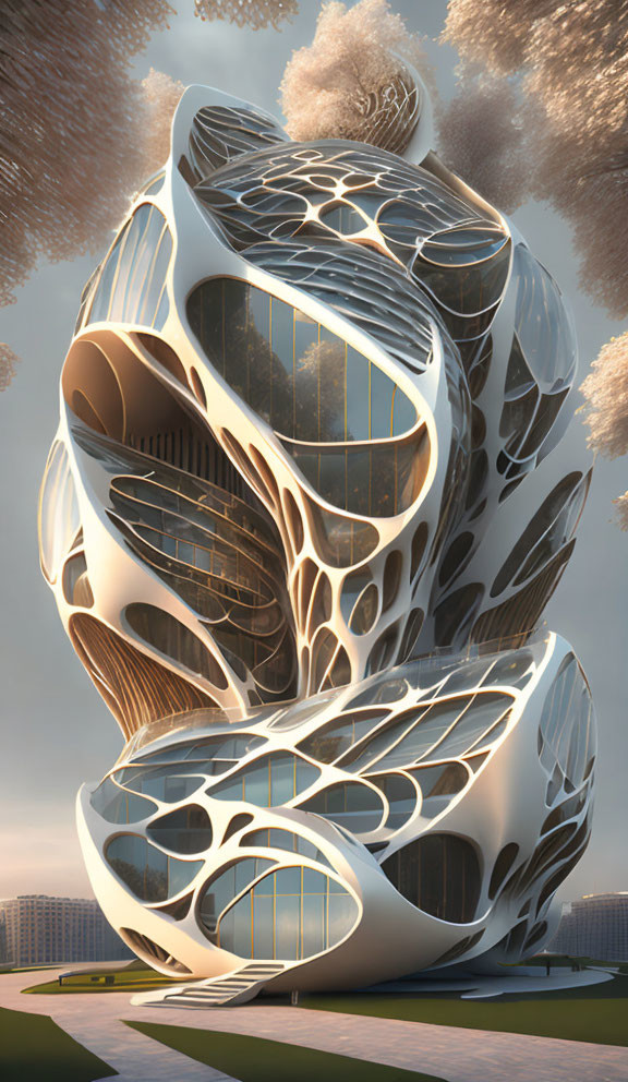 Organic, Fluid Design Building with Abstract Web-like Patterns in Cityscape at Sunset