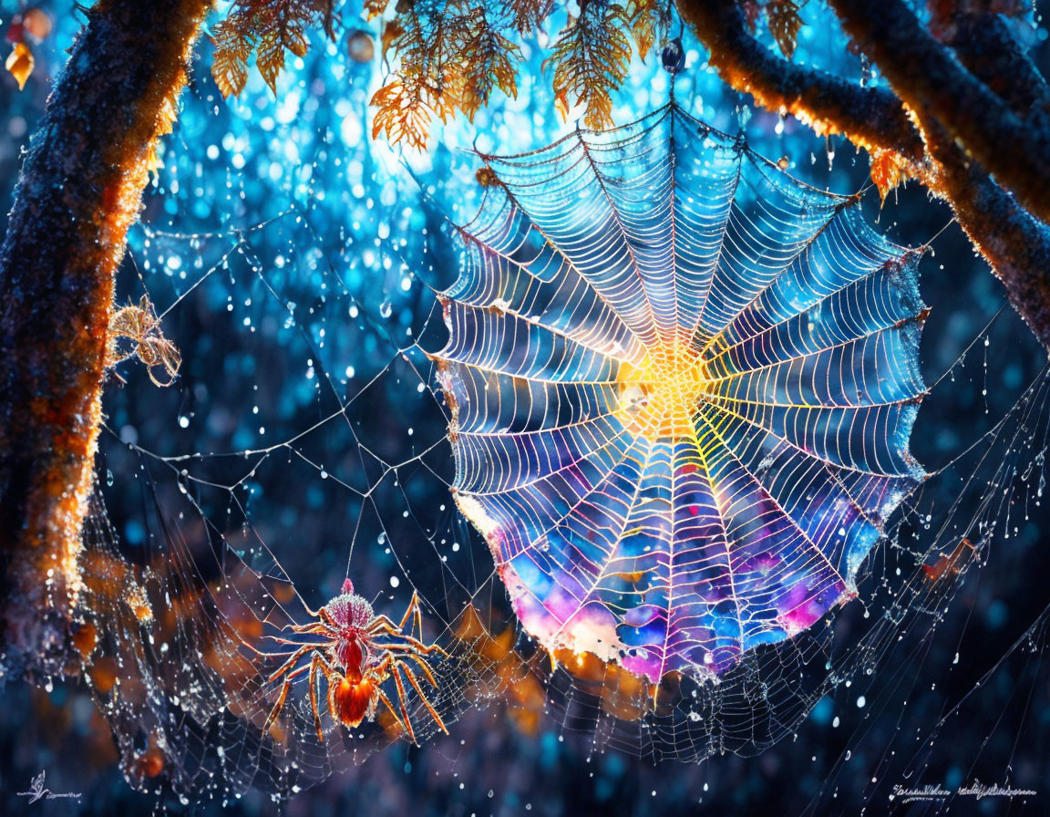 Colorful spider web with dewdrops and spider on blue bokeh background