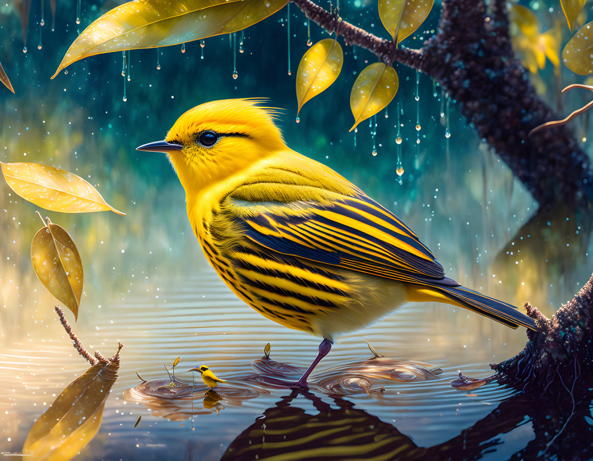 Yellow bird with black stripes perched near water with raindrops and ripples.