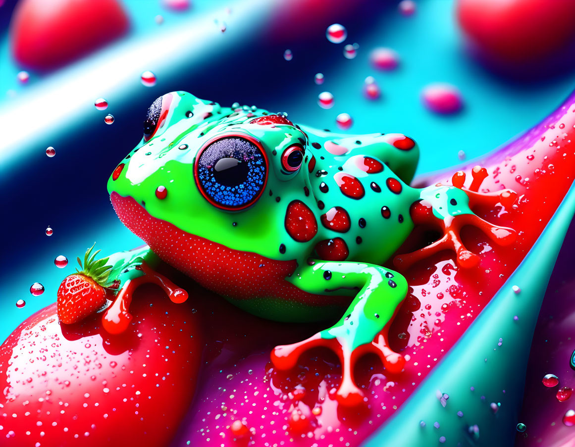 Colorful Digital Art: Whimsical Frog on Glossy Surface with Red Liquid and Strawberries