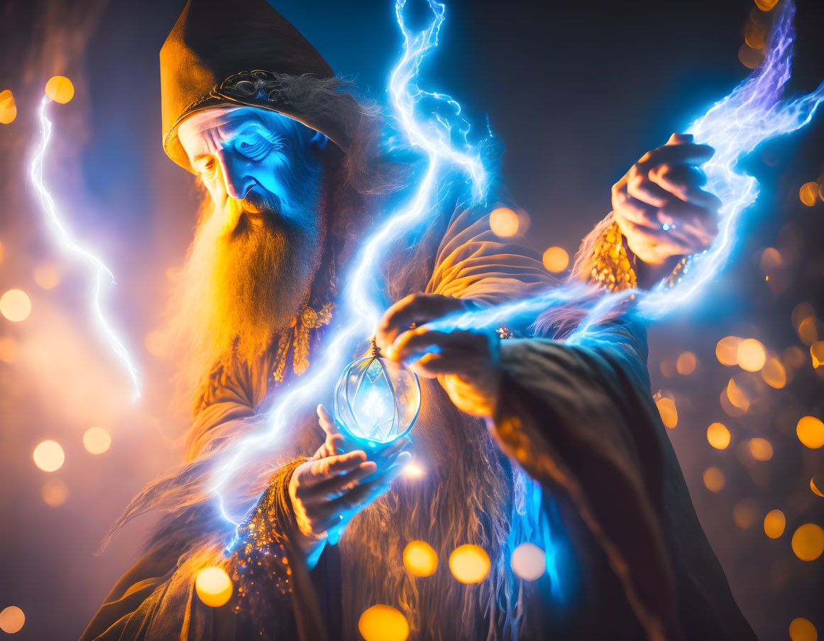 Wizard in Cloak Harnesses Electricity with Mystical Amulet amid Golden Glow