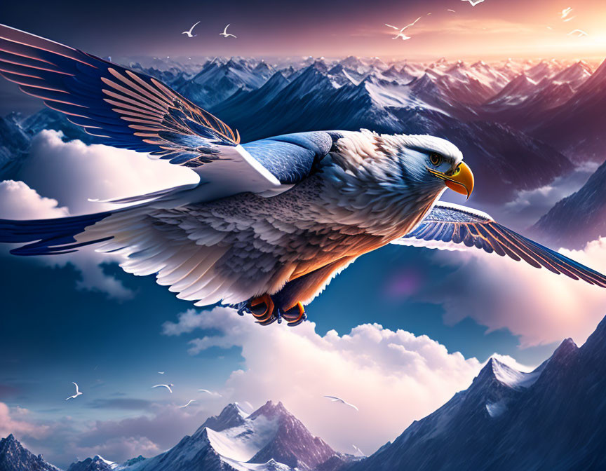 Majestic eagle soaring above snowy mountains at sunset