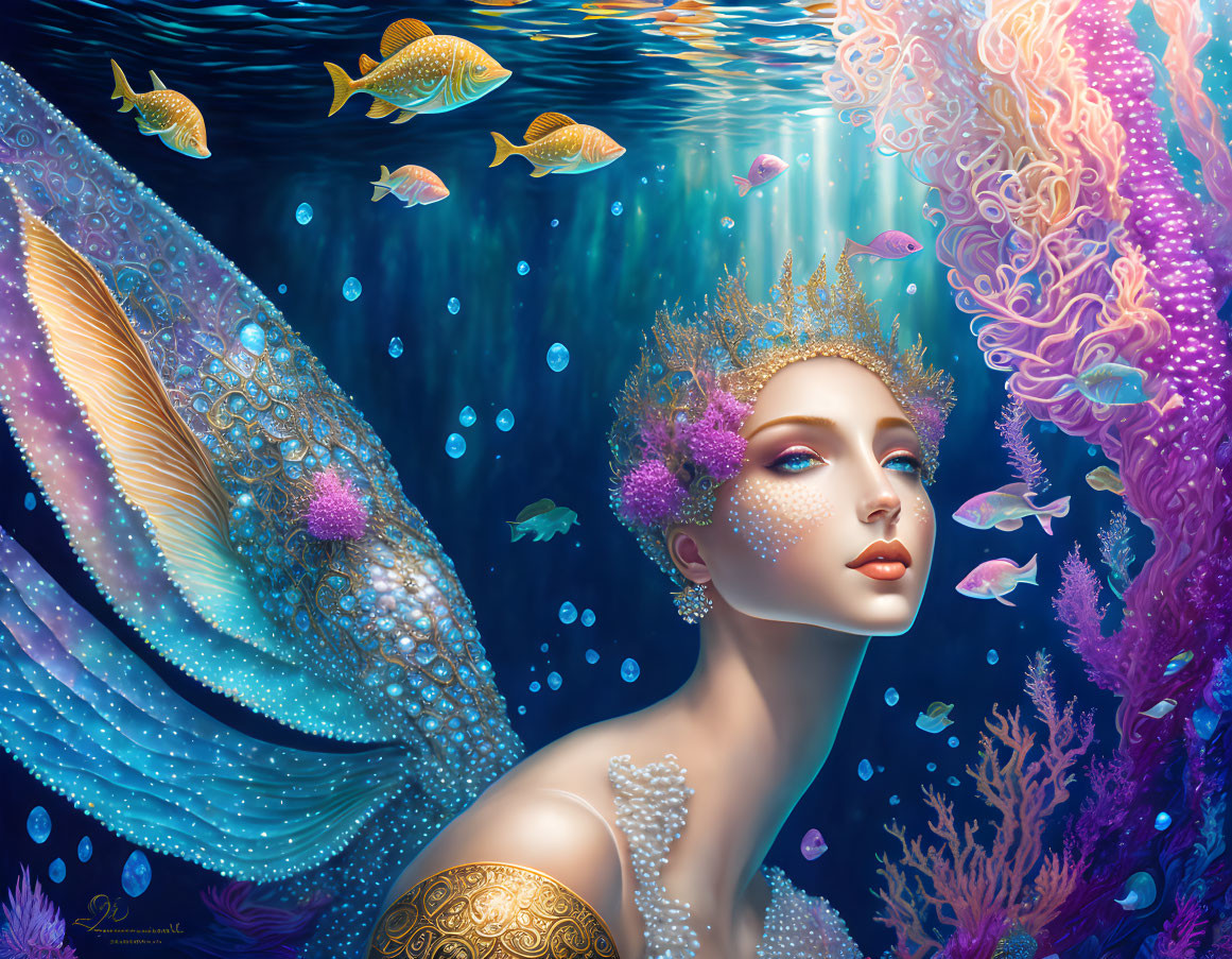 Majestic mermaid in underwater realm with crown, coral, and fish