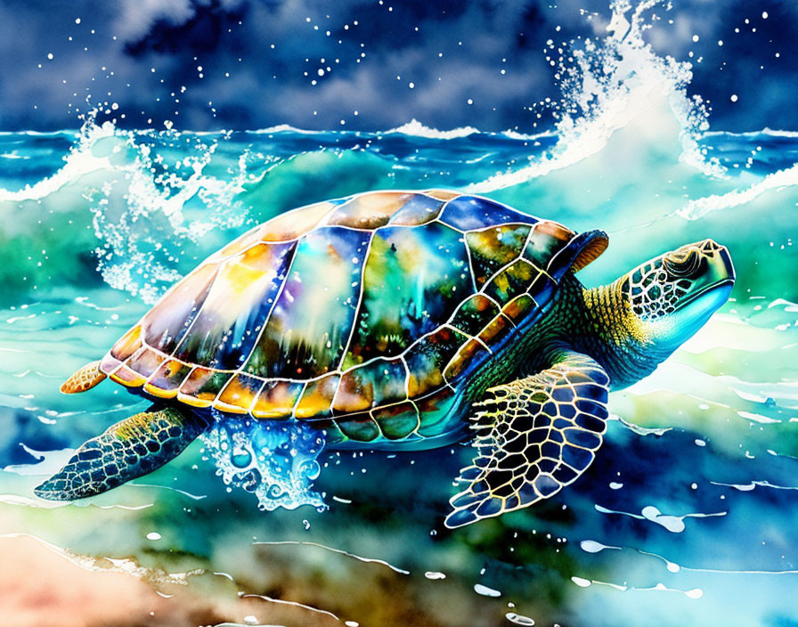 Colorful Sea Turtle Swimming in Vibrant Ocean Scene