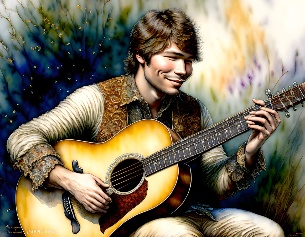 Smiling man in ornate jacket plays guitar in vibrant backdrop