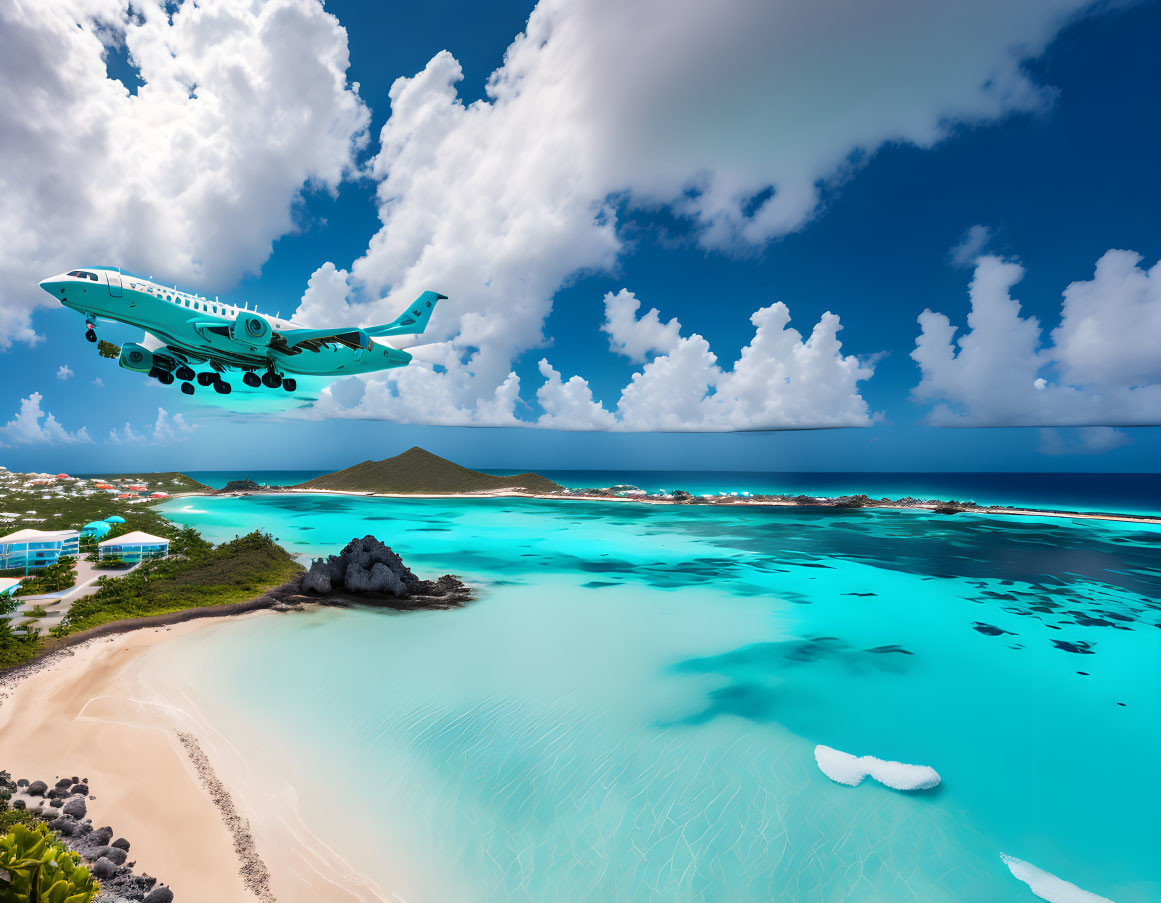 Airplane flying low over tropical beach with turquoise water and white sands